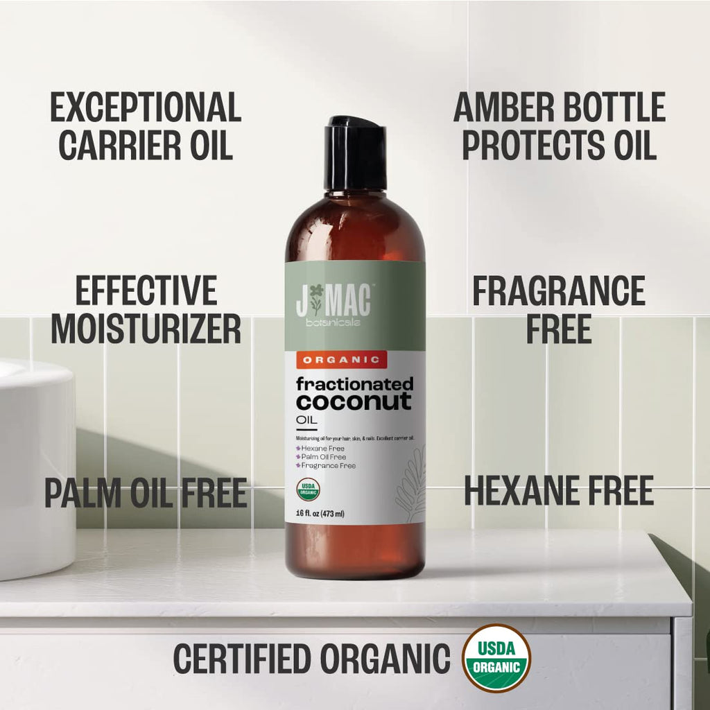 J Mac Botanicals, Organic Fractionated Coconut Oil (32 oz - 2 Pack 16 Ounce Bottles) Carrier Oil for diluting Essential Oils, Hair and Skin Conditioner, Massage