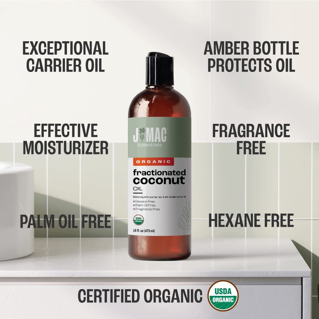 J Mac Botanicals, Organic Fractionated Coconut Oil (32 oz - 2 Pack 16 Ounce Bottles) Carrier Oil for diluting Essential Oils, Hair and Skin Conditioner, Massage