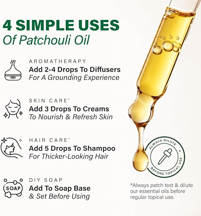 100% Pure Patchouli Oil - 4 Fl Oz Patchouli Essential Oil for Hair, Skin, Diffuser, Aromatherapy & DIY Soap Making Scent