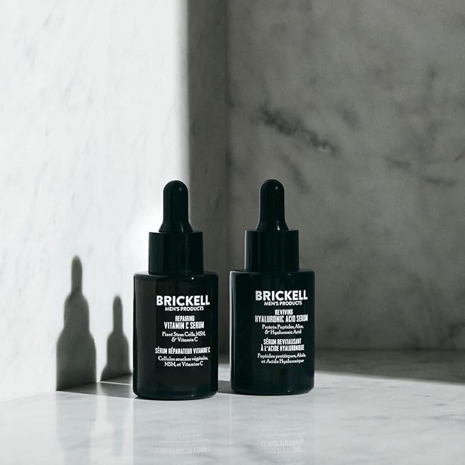 Brickell Men's Daily Anti-Aging Day and Night Serum Routine, With Plant Stem Cells, Vitamin E, and Protein Peptides, Scented