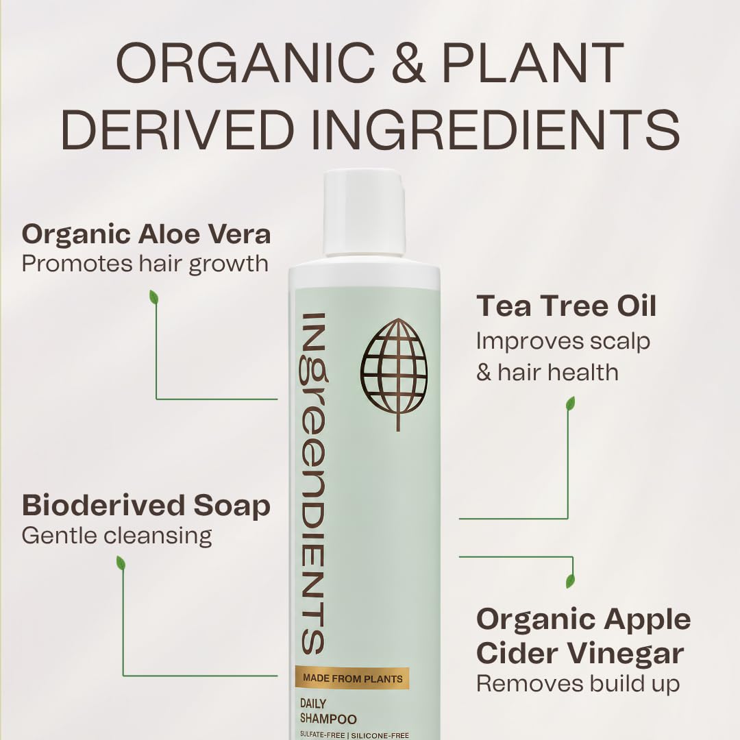 Ingreendients Natural Shampoo With Organic Ingredients - Sulfate Free, Color Safe, Non Toxic With Tea Tree Oil & Apple Cider Vinegar, Vegan, Gluten Free, pH Balanced