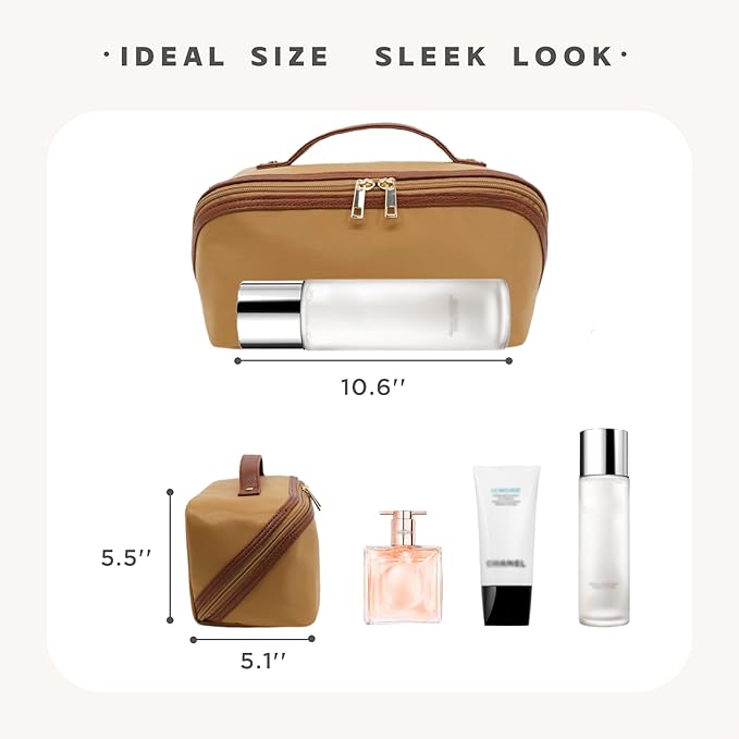 JINYIBAGS Travel Makeup Bag – Large Cosmetic Organizer with Waterproof Nylon, Smooth Double Zipper & Tear-Resistant Lining, Toiletry Pouch for Women (Khaki)