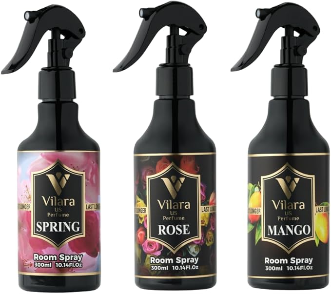 Vilara US Perfume Room Spray Freshener - Long-Lasting Luxury Scents - Room and Linen Spray for Bedding, Sheets, Fabric, Furniture for Aromatherapy - 10.14 fl oz (Multipack 3:Sprng,Rose,Mango)