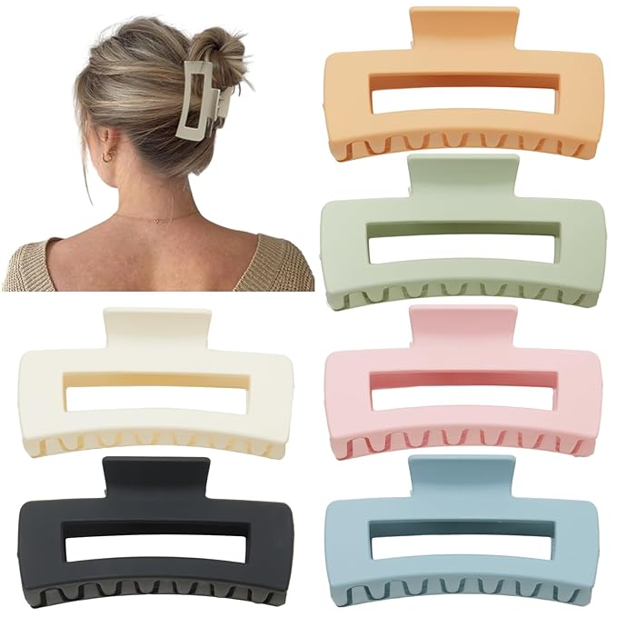 Sisiaipu 4 Inch Big Hair Claw Clips 6 Pcs Large Claw for Thick Hair Square Hair Clips for Women Rectangle Hair Clips Nonslip Acrylic Banana Jaw Clips Hair Accessories for Girls (Light)
