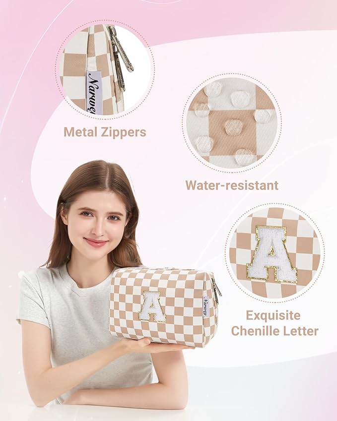 Narwey Initial Makeup Bag, Graduation Gifts for Teen Girls kids Tween, Trendy Stuff 6-18 Years Old, Personalized Cute Travel Cosmetic Toiletry Bag, Birthday Teacher Bridesmaid Mom Gifts for Women (A)