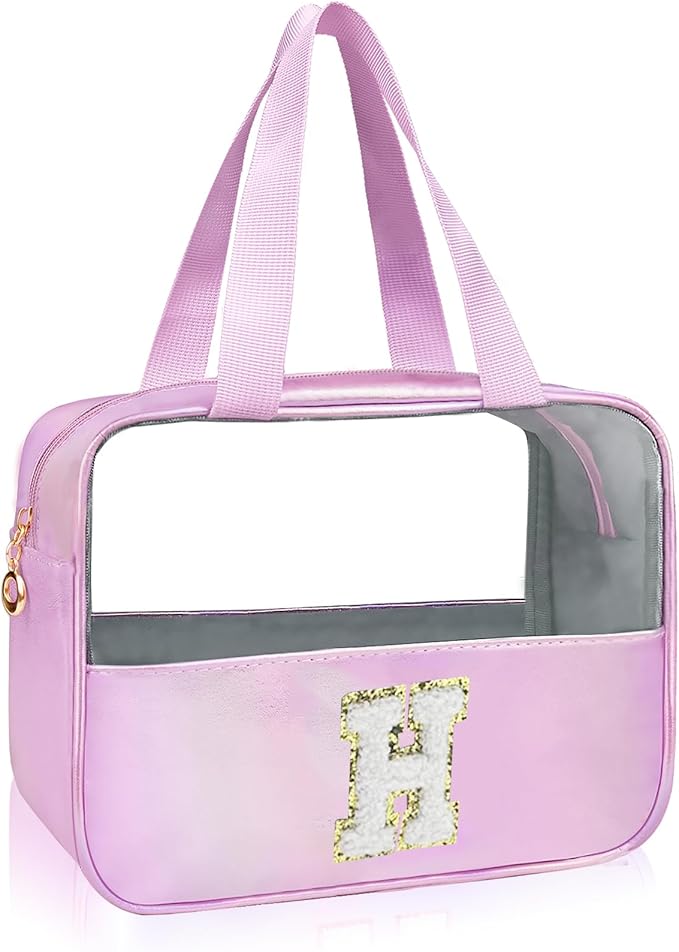 Junesters Personalized Initial H Clear Purple Makeup Bag - Large Travel Toiletry Bag, Cute Cosmetic Organizer Set for Girlfriend, Teacher, Teen Girl Gifts