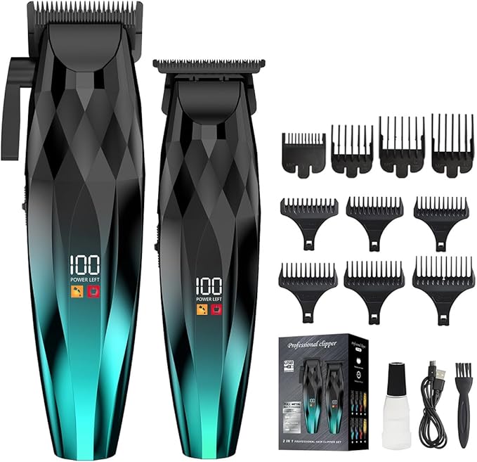 WAIKIL Hair Clipper and Trimmer Set for Men, Rechargeable Cordless Barber Kit with LED Display, Professional Grooming Tools for Hair and Beard，Green