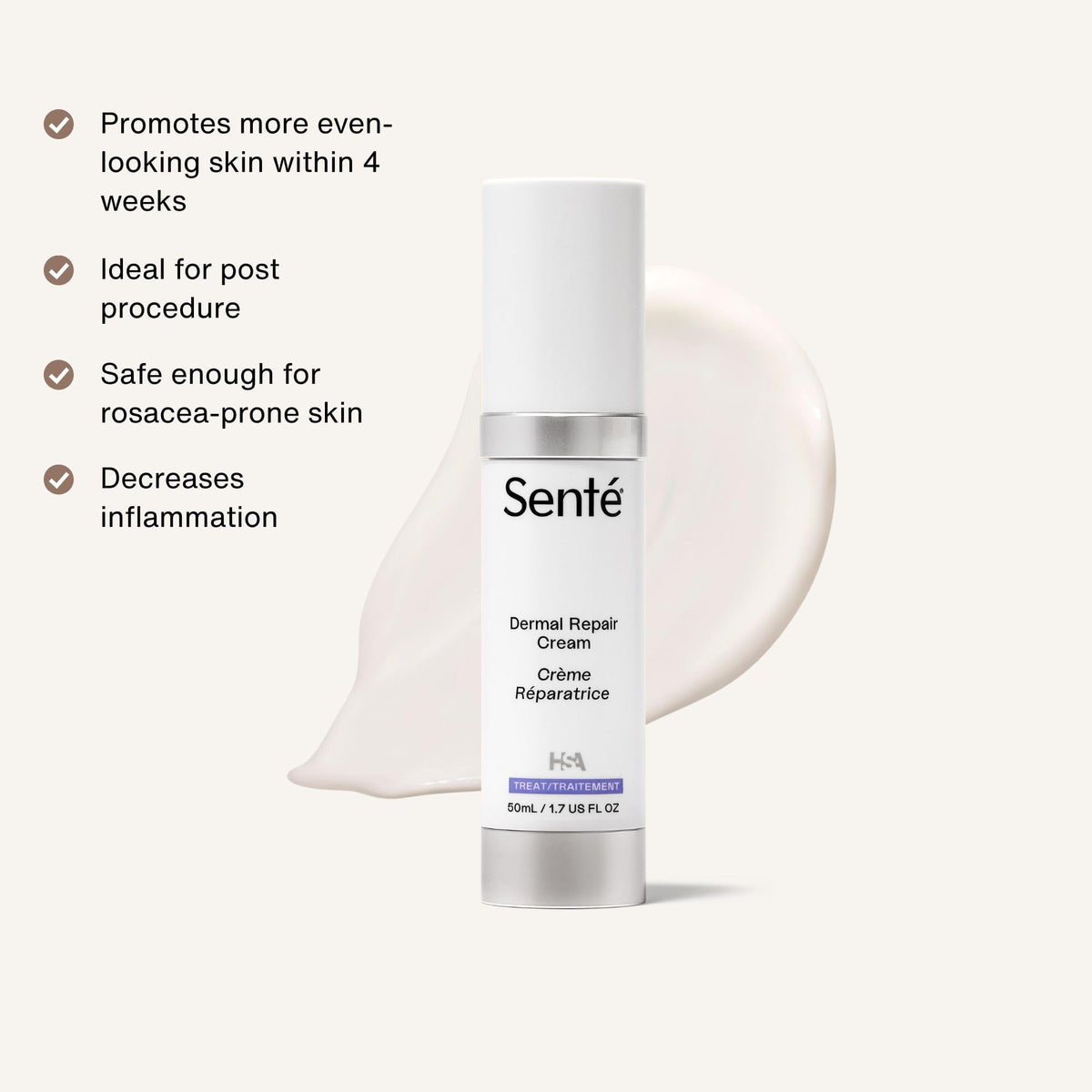 Senté Dermal Repair Facial Cream | Nourishing for Rosacea, Sensitive Skin, & Post-Procedure | Hydrate & Soothe| with Patented HSA, Vitamin E & Green Tea Extract | 1.7 Fl Oz