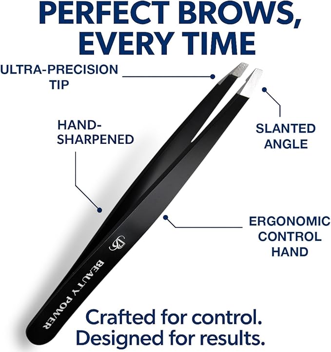 Beauty Power Tweezers for Women Facial Hair. Ultra Precision Tweezers for Women & Men, Sharp Slant Tweezer for Eyebrows, Ingrown Hair Removal. Professional Plucker, German Stainless Steel 3-Pack Black