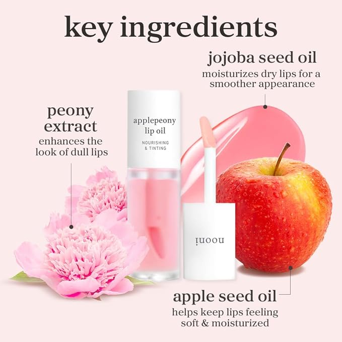 NOONI Korean Lip Oil - Applepeony - Plumping & Hydrating Tinted Lip Gloss