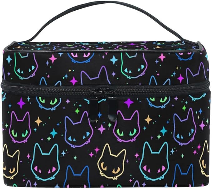 MNSRUU Goth Makeup Bag, Colorful Neon Cat Heads Makeup Organizer Bags Toiletry Bag Box Travel Cosmetic Bag Make Up Train Case for Women Teen Girl Ladies