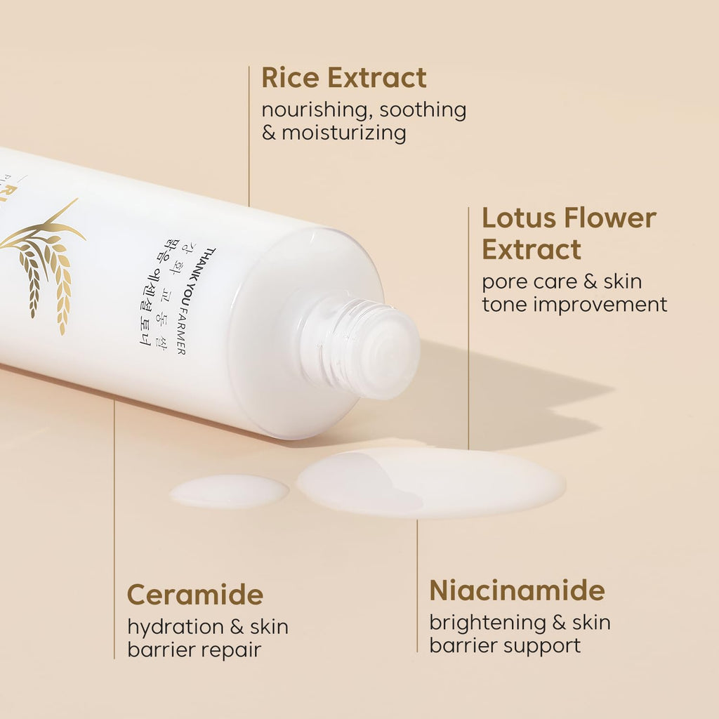 THANKYOU FARMER Rice Pure Essential Toner Korean Milk Toner with Rice Water & Niacinamide - Gentle Hydrating Toner for Brightening and Soothing Dry & Sensitive Skin, Vegan, 7.03 oz