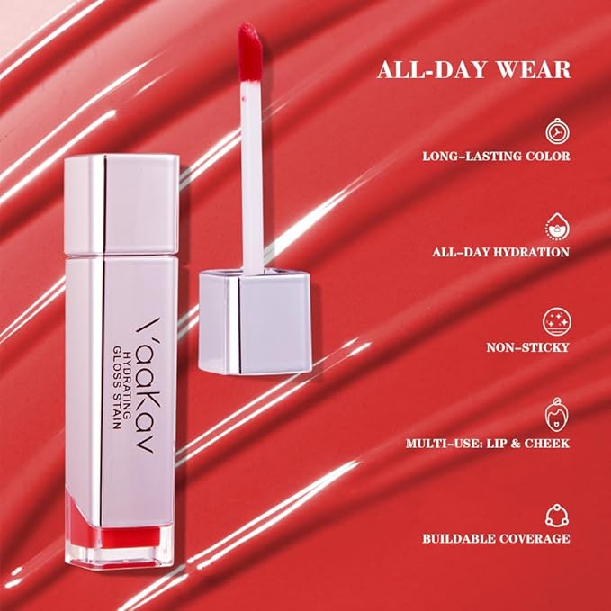 VaaKav Glossy Lip Stain – Hydrating Tinted Lip Oil Stain with High-Shine Gloss Finish, Non-Sticky Moisturizing Lip Tint, Long-Lasting Stain for Soft & Plump Lips(02 PEACH BANG)