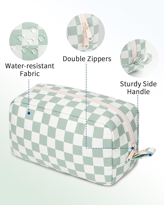 Narwey Checkered Makeup Bag, Travel Cosmetic Bag Organizer, Toiletry Bag Make Up Bags with Comparments for Women and Girls, Gift for Teen Girls (Mint Green Checkerboard, Large)