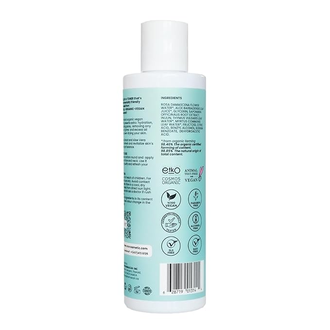 Nov Natural Organic Vegan Organic Toner | Skin Care, Face Moisturizer 6.76 Fl. Oz., Rose Water, Aloe Vera