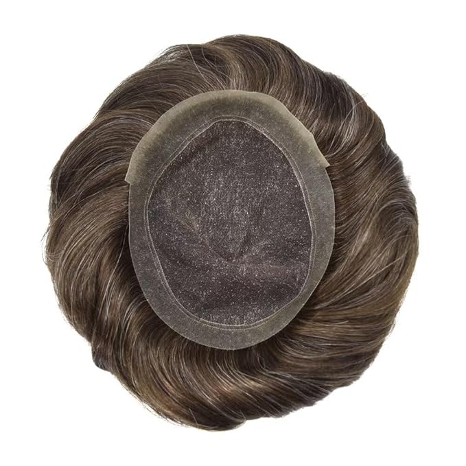 FACE MIRACLE Mens Toupee Lace Front Hairpieces Soft Human Hair Replacement System Natural Hairline Toupee for Men French Lace Poly V-Looped Mens hair Units 7"X9" #350 Dark Brown with 50% Gray