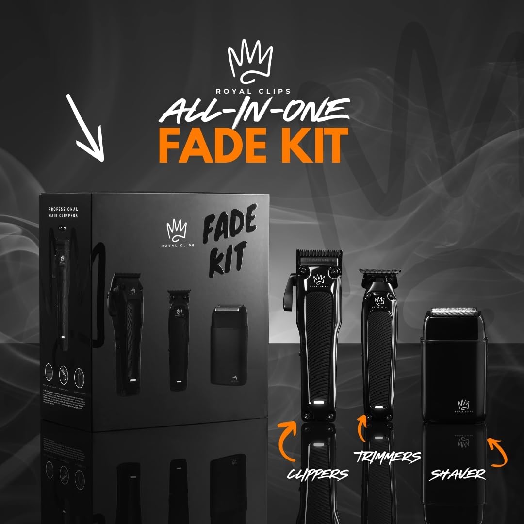 Royal Clips Hair and Beard Fade Kit 2.0 – Professional Clipper, Trimmer & Foil Shaver Bundle for Men, Complete Haircut Set for Barbers – Ideal Holiday Gift for Men, Fathers, Brothers & Barbers - Black