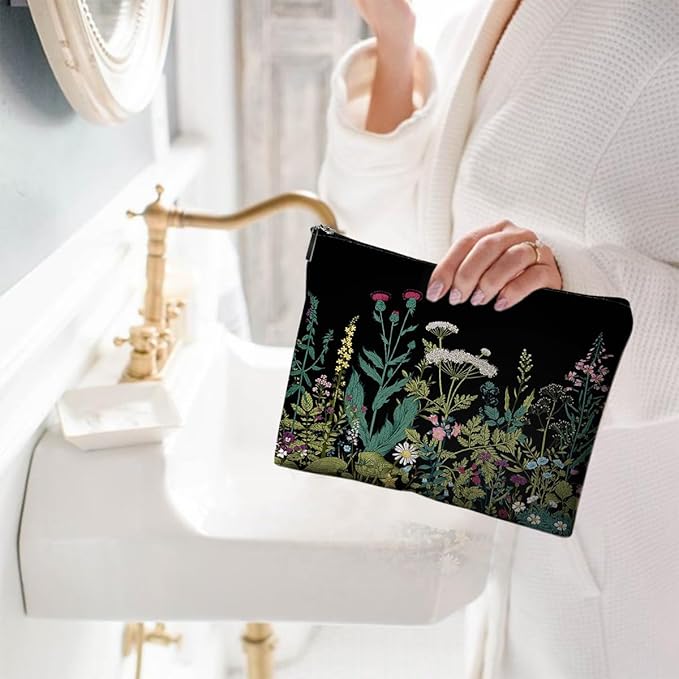 Givotin Small Makeup Bag for Purse Cute Canvas Waterproof Cosmetic Bags for Women Zipper Travel Toiletry Pouch-Wildflowers Makeup Bags