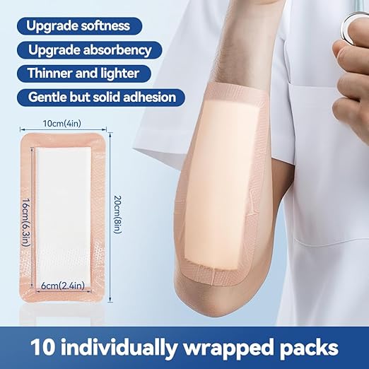 Dimora Silicone Ultra Absorbent Dressing Pads - Adhesive Wound Bandage with Gentle Border, Waterproof Soft Gauze for Post Surgical and Bed Sore Exudate Management 4"X 8" 10 Count