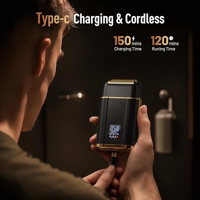 Scrorui Professional Foil Shaver for Men: Cordless Electric Razor with High-Speed Dual Blades, Rechargeable USB-C, IPX6 Waterproof & Travel-Friendly/Home Use