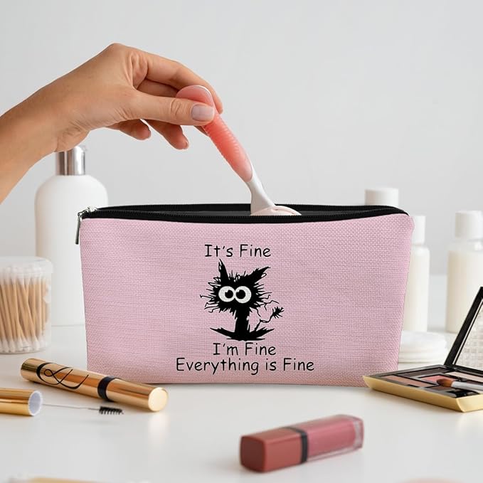 BARPERY Black Cat Makeup Bag - Funny 'I'm Fine' Cosmetic Bag, Pink Zipper Travel Toiletry Bag for Cat Lovers, Teen Girls & Cat Owners Gifts
