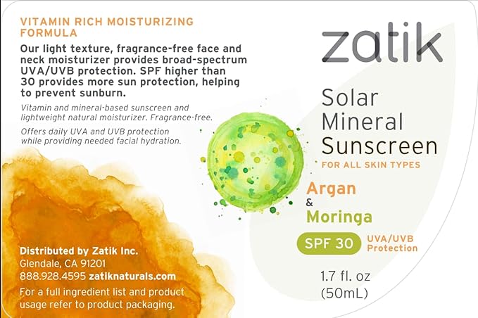 Zatik Naturals Solar Mineral Sunscreen with Argan and Moringa, for Face and Neck, Vegan, Non-GMO, pH Balanced, FREE from Gluten, Soy, Alcohol, 1.7 oz