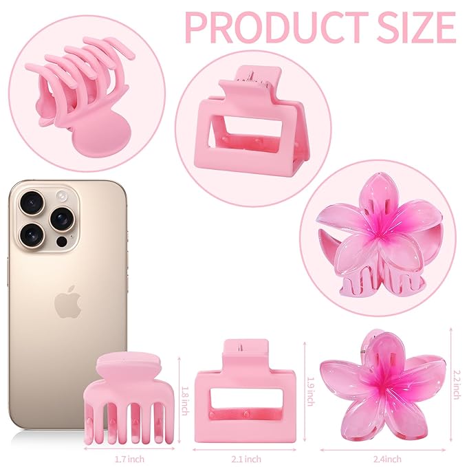 Hair Clips for Women 9 Pack Medium Claw Clips, No Slip Strong Hold Hair Clips for Thick & Thin Hair, Flower Square Aesthetic Styles for Everyday Styling, Trendy Hair Accessories (Pink)