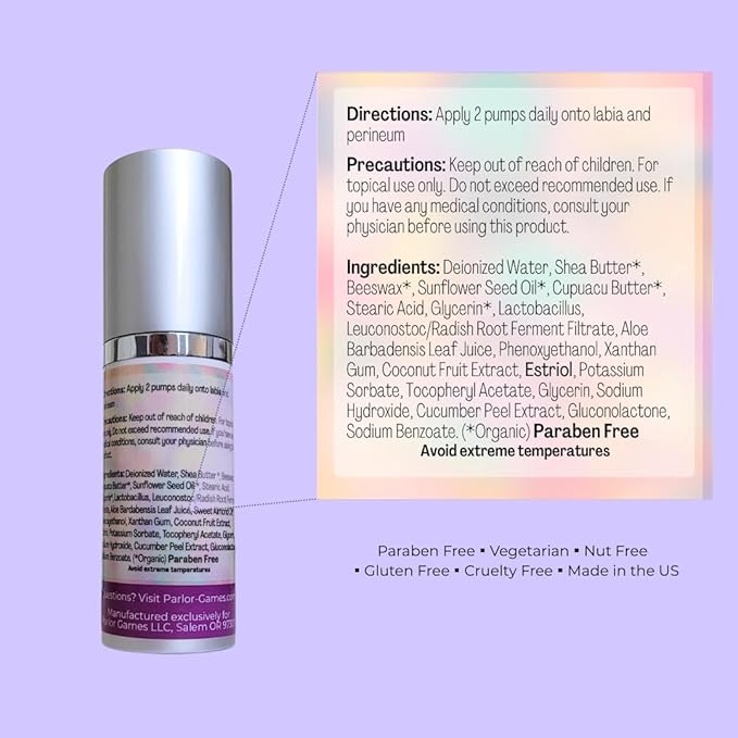 Parlor Games Silky Peach Cream Bioidentical Estriol Cream for Women — Intimate Moisturizer for a Happy Hoo-Ha — 30ml Bottle (2 Month Supply)