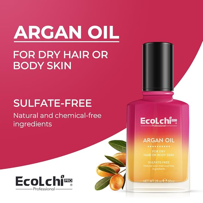 ECOLCHIPRO Argan Hair Oil Hair Serum Cold Pressed Weightless Vitamin E Argan Oil Hair Treatment for All Hair Types Dry Damaged Hair Body Skin 60ml