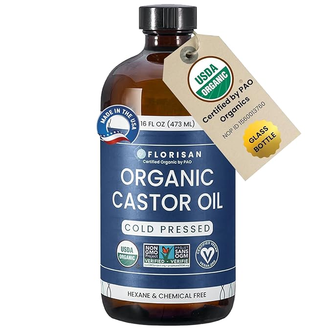 Florisan USDA Certified Organic Castor Oil 16oz Glass Bottle, Cold Pressed, Hexane-Free, Non-GMO, Vegan, 100% Pure Castor Oil for Hair Growth, Skin, Lashes, Eyebrows, EWG Verified