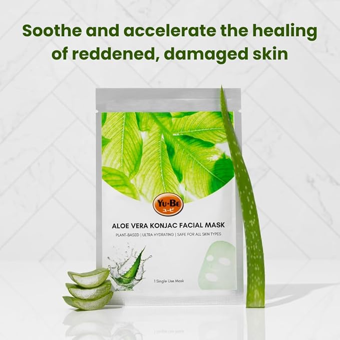 Yu-Be Aloe Vera Sheet Mask – Hydrating Konjac Facial Mask for Dry & Sensitive Skin – Helps Soothe Redness, Calm Irritation & Deeply Moisturize for Softer, Healthier-Looking Skin – 6 Sheets