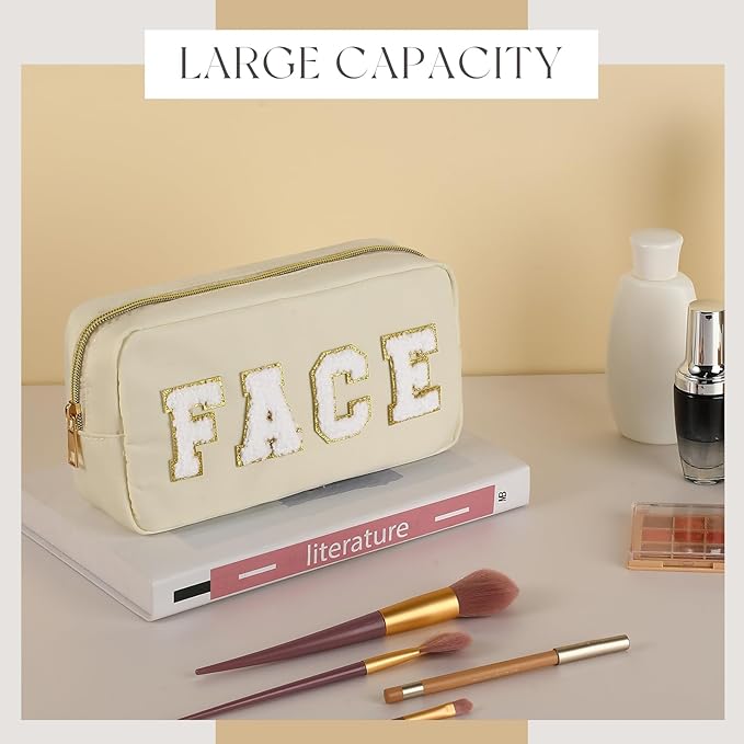 Cunno Preppy Makeup Bags Chenille Letter Stuff Bag Nylon Cosmetic Pouch Cases with Zipper for Women Travel Toiletry(Soft Color,Soft,4 Pcs)
