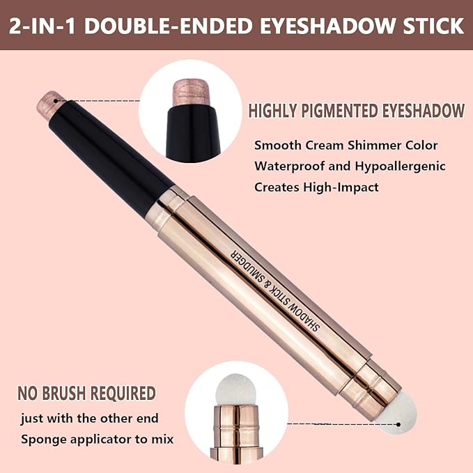 Metiplou Rose Gold Eyeshadow Stick And Eyeshadow Brush Eye Makeup Cream Shimmer Glitter Smooth Eye Shadow Sticks Pencil Nude Matte Palette Primer Crayon Liquid Highlighter Natural Long Lasting 03