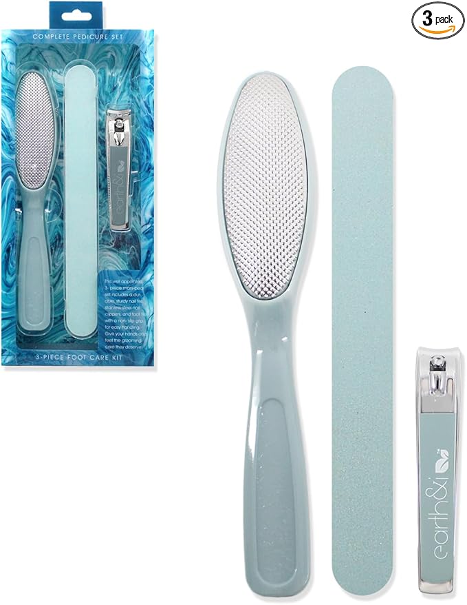 Earth & I - Blue 3-Piece Pedicure Kit: Premium Travel & Grooming Tool Set