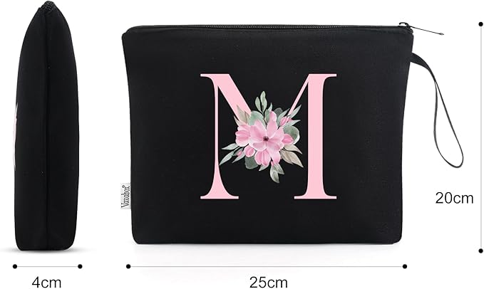 Vavabox A-Z Personalized Makeup Bag, Birthday Gifts for Women Mom, Gifts for Best Friend, Bride Bridesmaid Cosmetic bag (M, 02-Black)