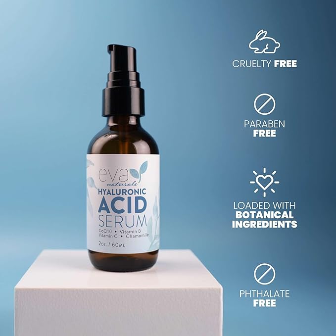 Eva Naturals Hyaluronic Acid Serum for Face – Lightweight Hydrating Facial Serum – Daily Moisturizer with Vitamin B5 – 60 ml