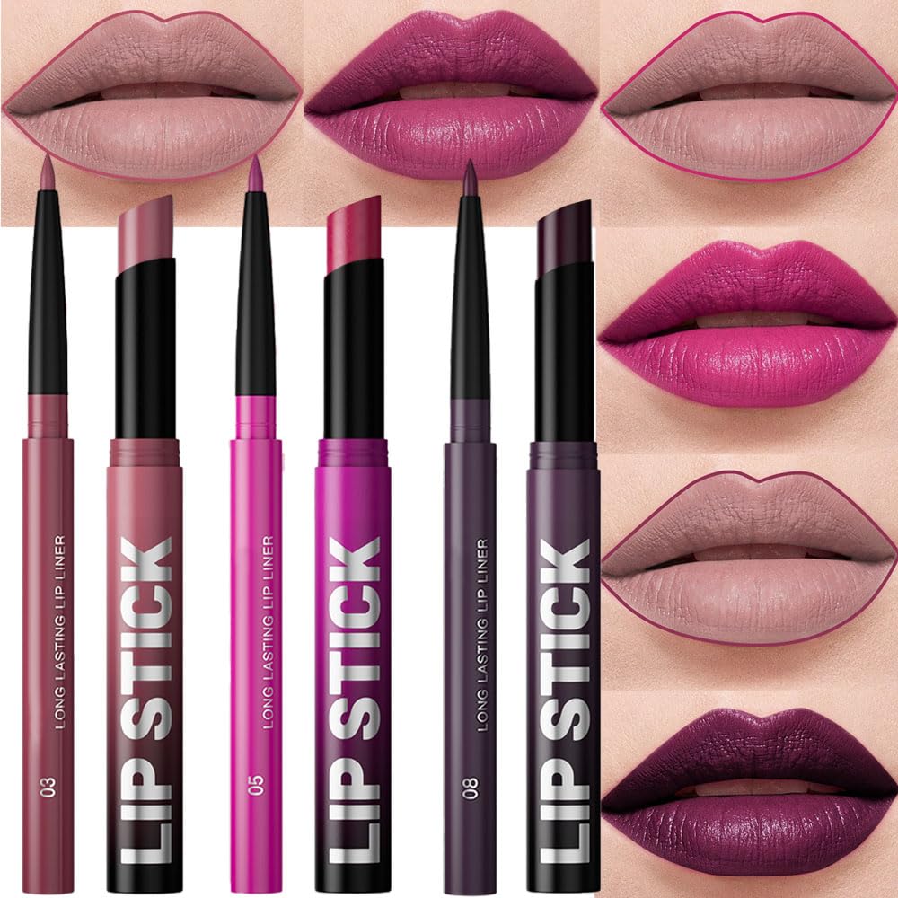 6Pcs 2 in 1 Dark Light Purple Lip Liner and Lipstick Combo Set for Women,Lipstick Stain Lip Liner for Daily & Party Long Lasting Waterproof Smudge Proof 24 Hour Full Coverage Vegan Lip Makeup Kit