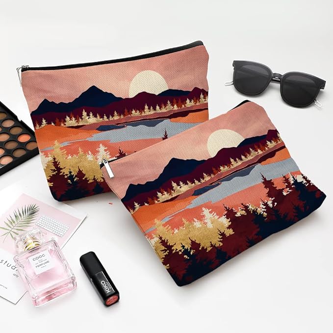 Givotin Cute Makeup Bag for Purse Canvas Waterproof Funny Cosmetic Bags for Women Zipper Travel Toiletry Pouch-Mountain Makeup Bags-Red