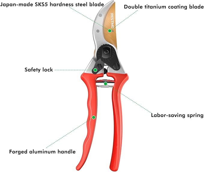 RESTMO Pruning Shears, 8.6 Inch, Titanium Blade, Bypass, Red
