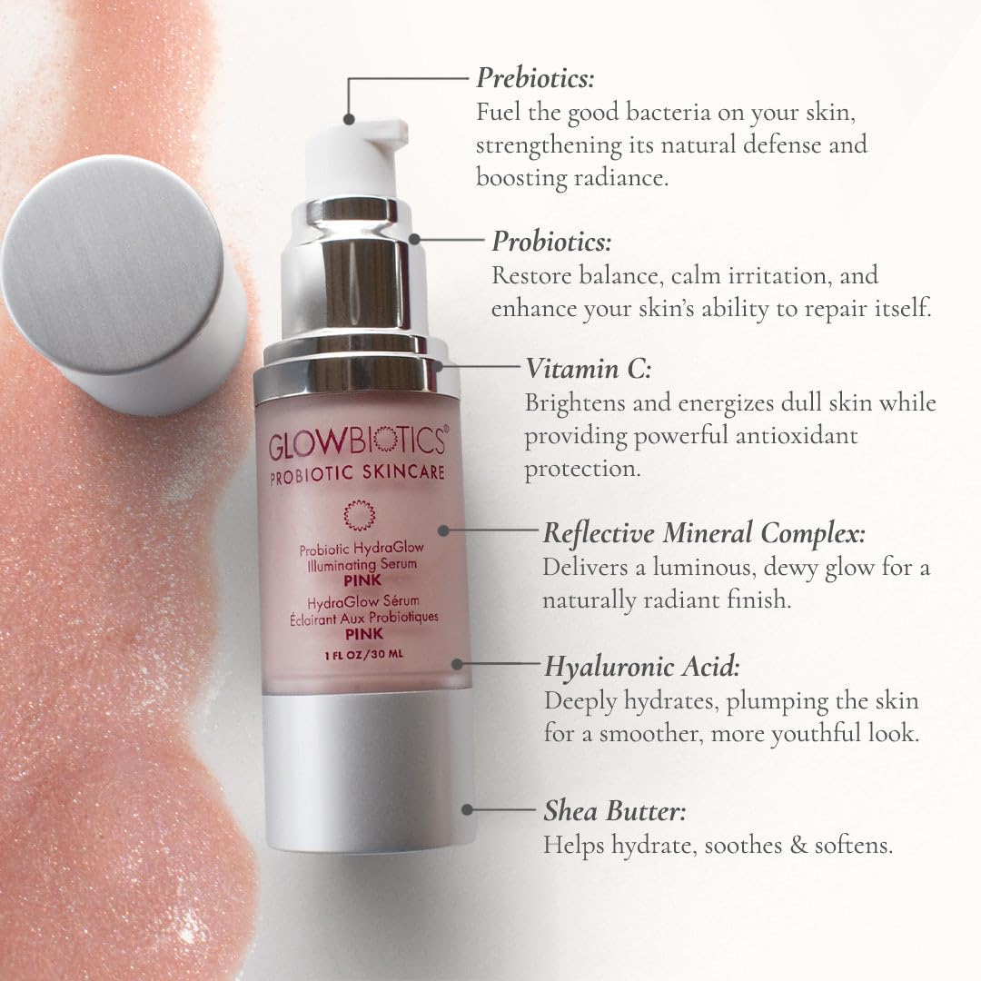 Glowbiotics Probiotic HydraGlow Illuminating Serum Pink: Hydrating Dew Drops for Radiant Skin, Illuminating Glow Enhancer with Hyaluronic Acid and Probiotics, 1 Fl Oz
