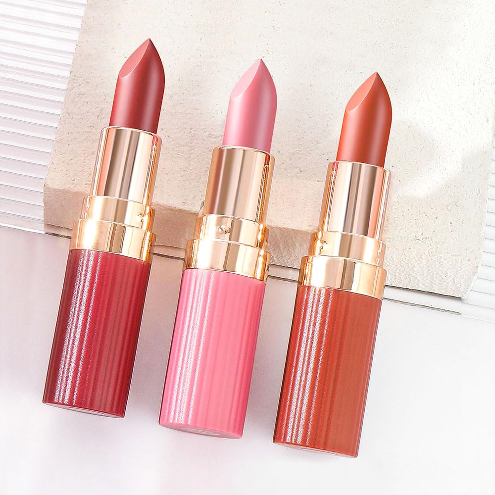 CAKAILA 3Pcs Nude Pink Purple Mauve Lavender Lip Stick,Matte Cream Lipstick Set for Women,Long Lasting Waterproof Smudge Proof Velvet lipsticks Crayon,Lip Makeup Kit Travel Size,Vegan & Cruelty-free
