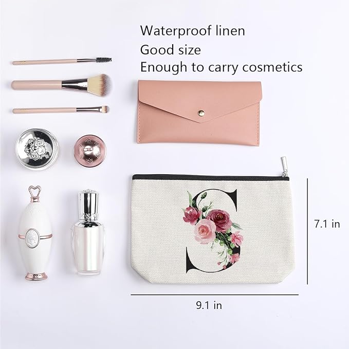 KDXPBZ Initial Makeup Bag - Personalized Cosmetic Bag for Women, Bridesmaid & (Letter S)