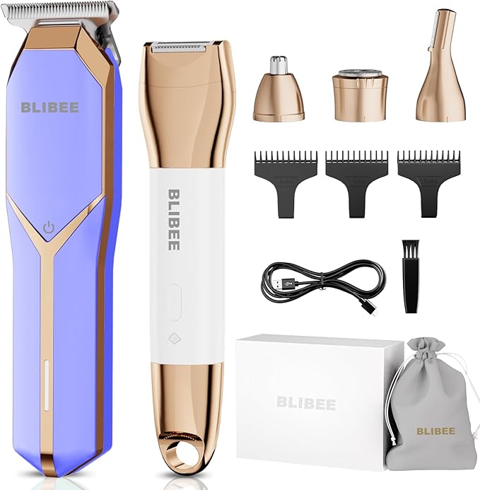 BLIBEE Hair Clippers & Bikini Trimmer for Women - Waterproof Electric Clippers and 4 in 1 Bikini Trimmer Set, Deluxe Wet/Dry Body Shaver for Nose, Eyebrows, Beard, Pubic Hair, Blue