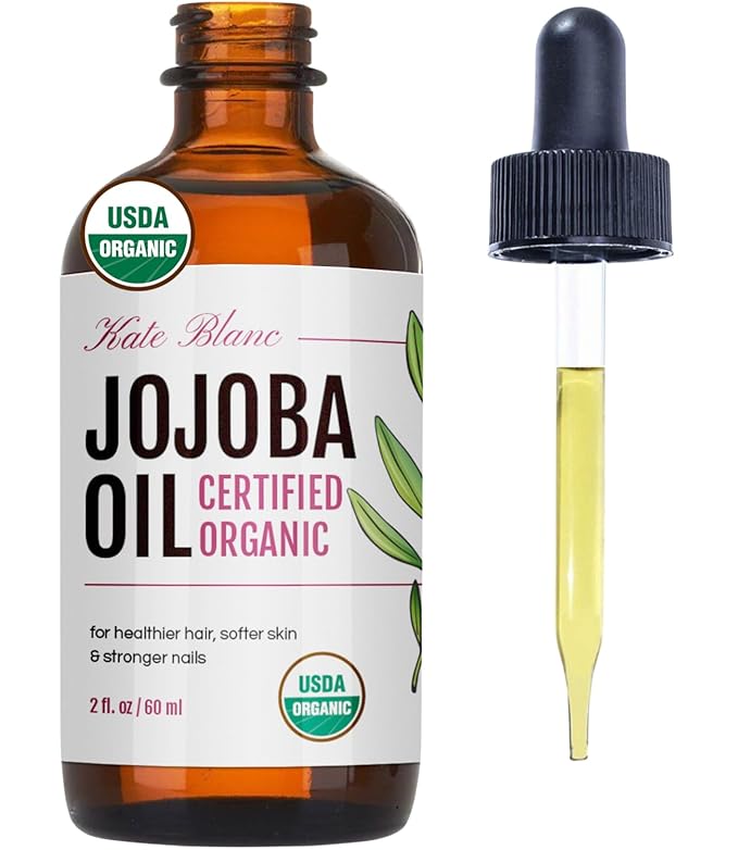 Kate Blanc Cosmetics Organic Jojoba Oil for Hair, Skin, Face, Nails (2oz) - USDA Certified, 100% Pure Cold Pressed Unrefined - Moisturizing Carrier Oil for Gua Sha, Dermaplaning, Body - Glass Bottle