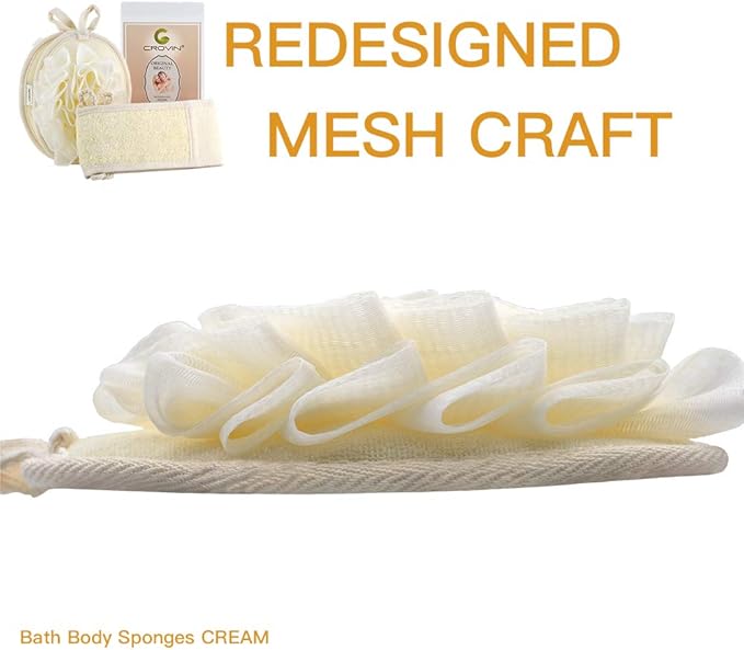 CROVIN Mesh Pouf Body Sponge Set - Redesign Bath Loofahs Shower Puffs 2 Pack & Exfoliating Natural Loofah Back Scrubber. How to - Great Gift for A Glowing Skin & Healthy Body