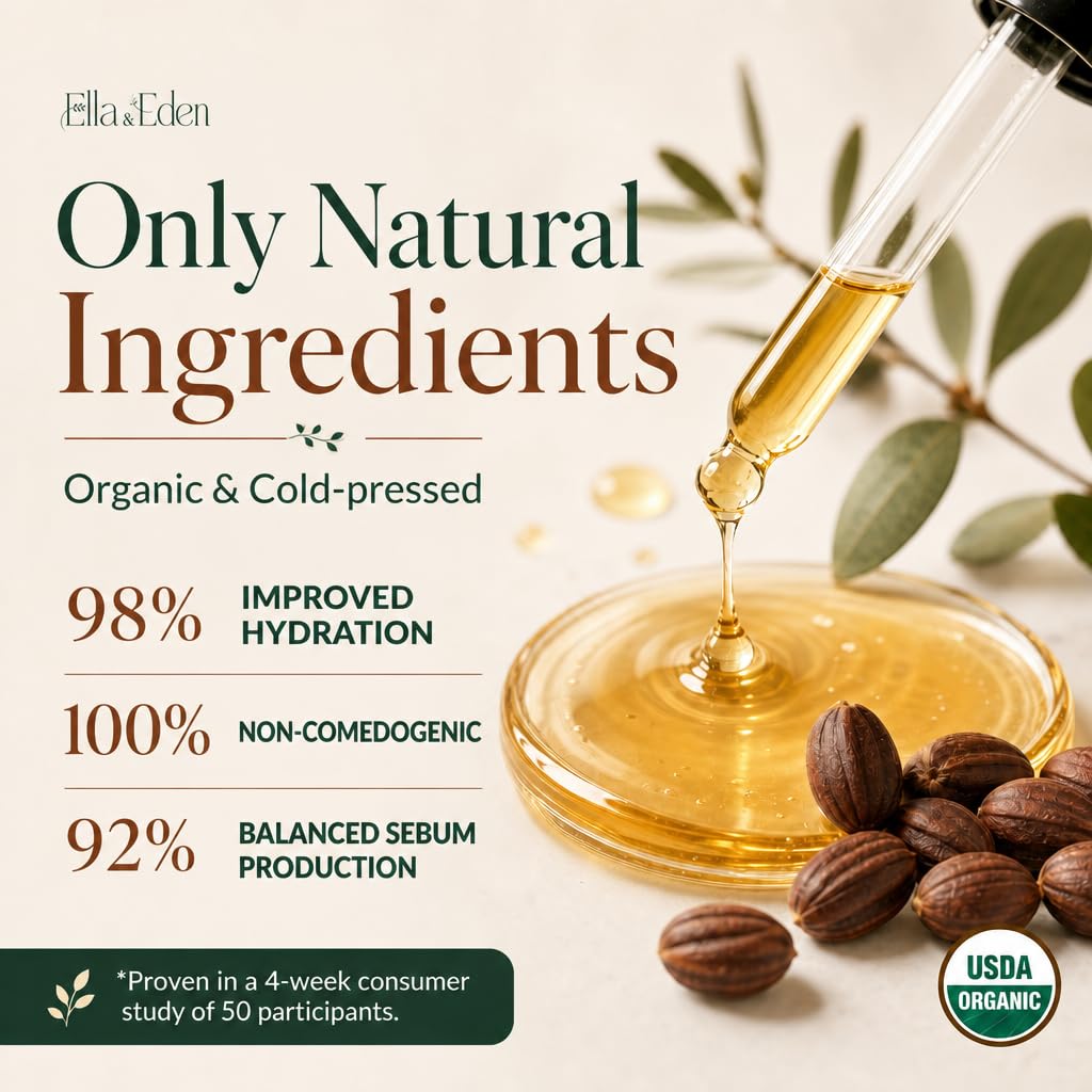 Organic Jojoba Oil, 100% Pure Cold-Pressed for Face, Skin & Hair, 4 Oz