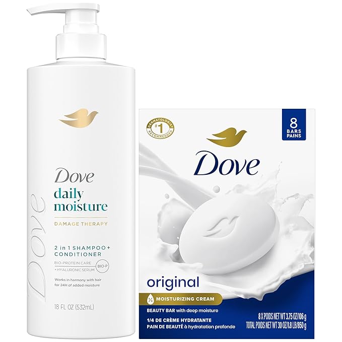 Dove Shampoo & Conditioner 2-in-1 + Beauty Bar Soap 8-Pack – Deep Hydration for Revitalizing Dry Hair and Skin (9-Piece Set)