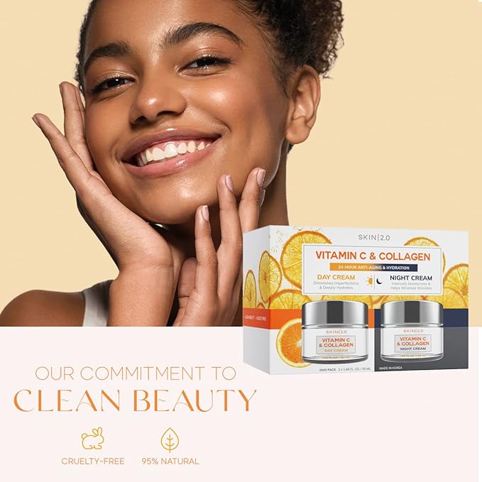Skin 2.0 Vitamin C & Collagen Face Moisturizer – Anti Aging Day & Night Cream for Smooth & Radiant Skin, Firms & Restores Dull Complexion – Dermatologist Tested, Korean Skin Care Set, Vegan – Duo Pack