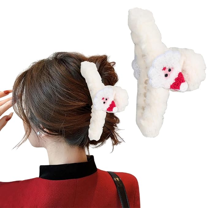 BMKKOT Christmas Hair Clips White Plush Acrylic Hair Claw Clips Cute Santa Claus Design Hairpins Xmas Hair Accessories Nonslip Large Clamp Clips for Medium Thin Hair Decoration 1Pcs