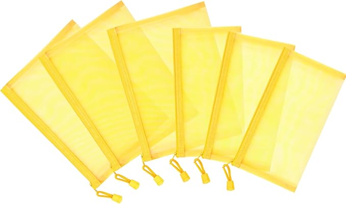 Sinzip 12 Pieces Zipper Nylon Mesh Pouch, Mesh Cosmetic Bags Makeup Bags Pencil Case, Multipurpose Travel Bags for Cosmetic School Office Supplies and Travel Accessories (Yellow, A5+B6)